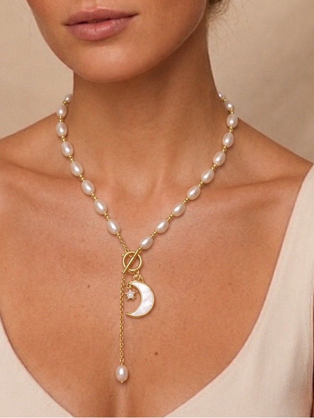 Mother Of Pearl Moon Star Necklace & White Pearl Chain womens jewely